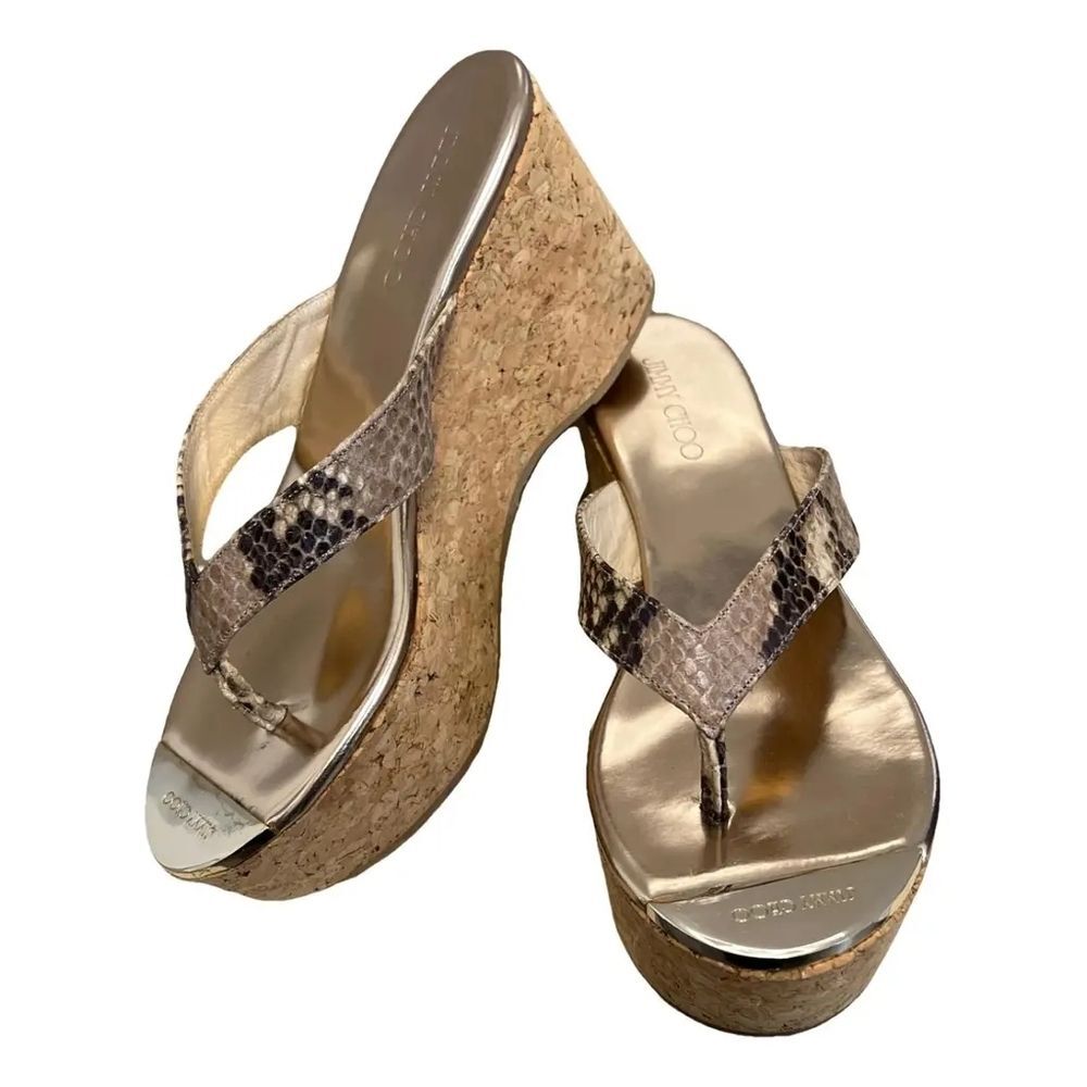 Jimmy Choo Python Embossed Leather Gold & Brown Cork Wedge Thong Sandals Size 41